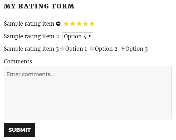A sample rating form with star ratings, select dropdown, radio buttons and a comment review field.