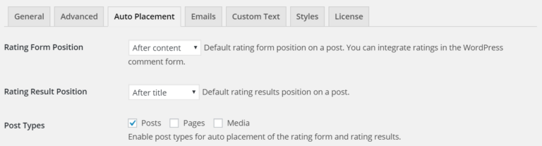 The auto placement settings allow you to inject the rating form and or rating result on a post.