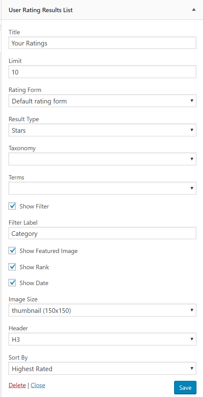 The User Rating Results List Widget displays a list of ratings entries for the current logged in user.