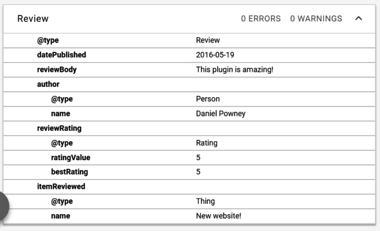 Review shown using Google's Structured Data Testing Tool