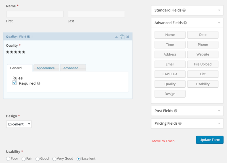 Rating item fields are available under the Advanced Fields group.