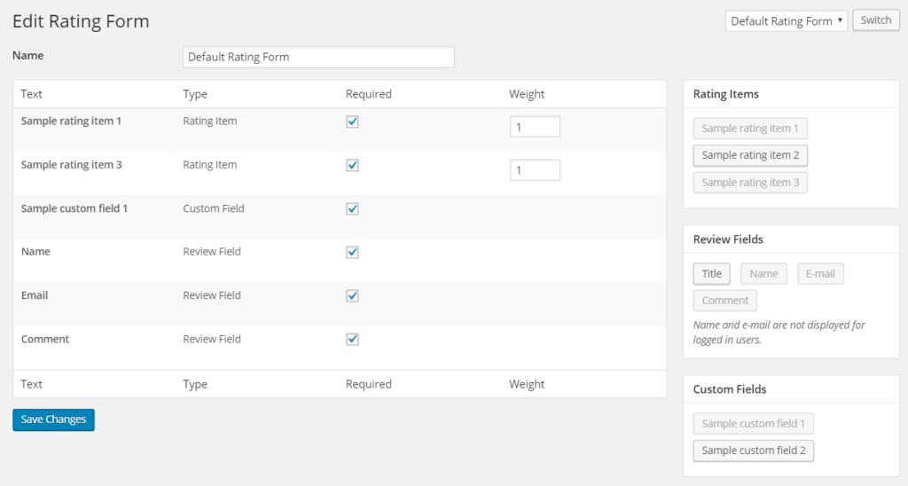 Create rating forms with rating items, title, comment, e-mail, name and custom fields. Set fields as required fields and assign different weights to rating items.