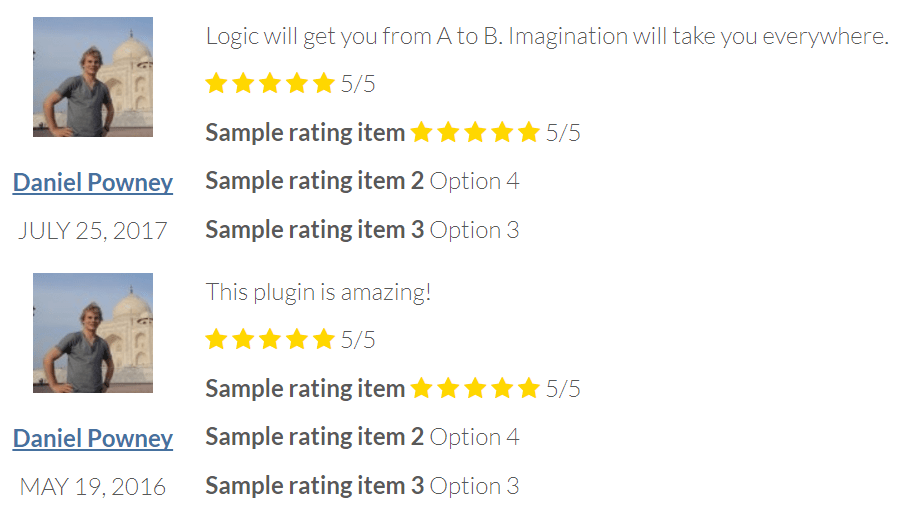 Display detailed rating entries in a review layout including title, name, overall rating, custom fields, date/time, gravatar profile picture and selected rating items